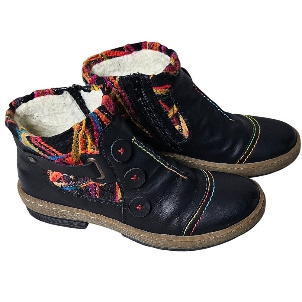 Rieker Black Ankle Boots with Multicolor Accents - Picture 5 of 14